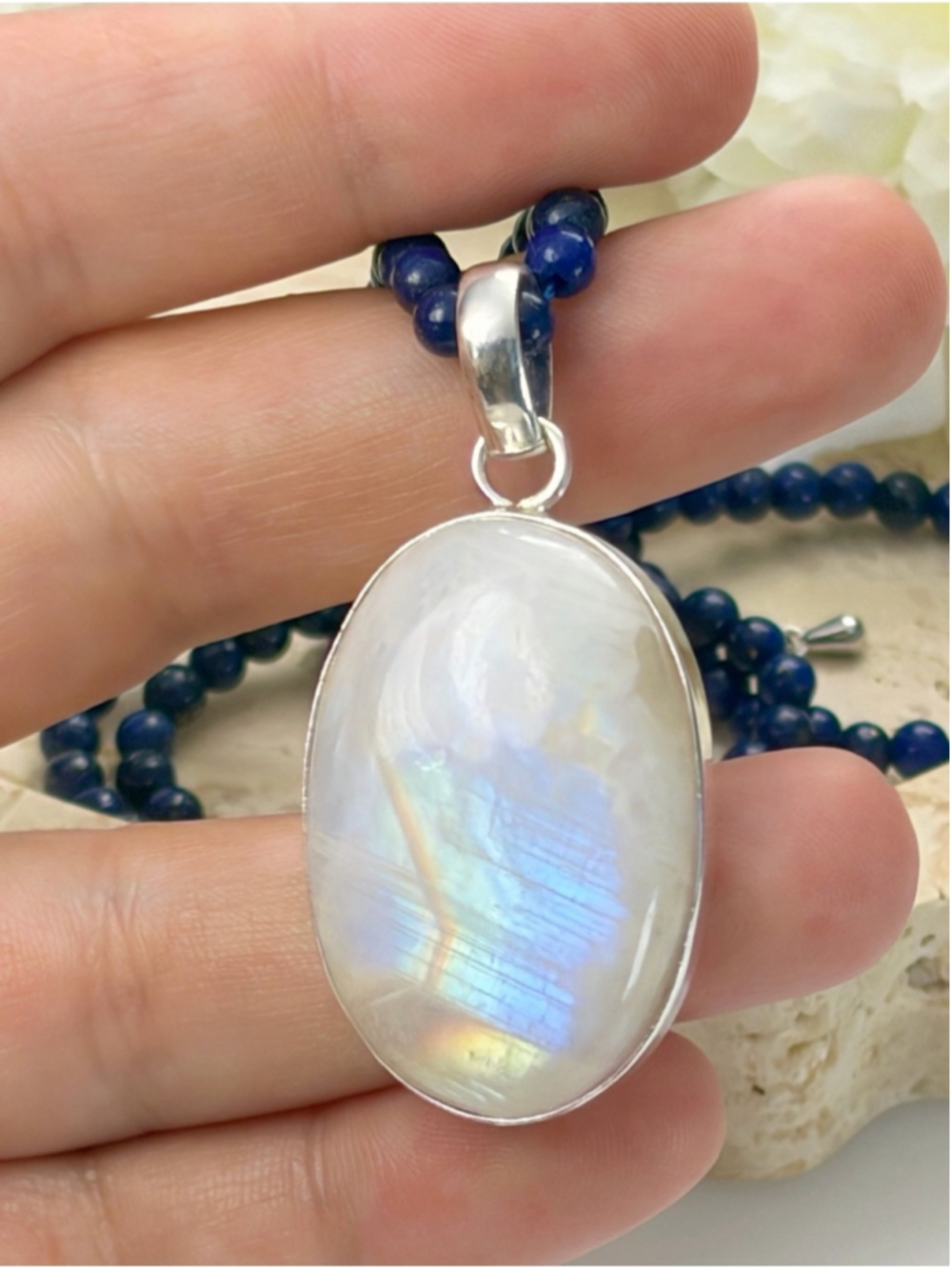 Sterling Silver 925 Chunky Rainbow Moonstone Pendant Lapis Lazuli Necklace